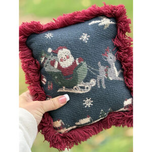 Vintage Riverdale Christmas Tapestry Santa Reindeer Fringe Mini Throw Pillow